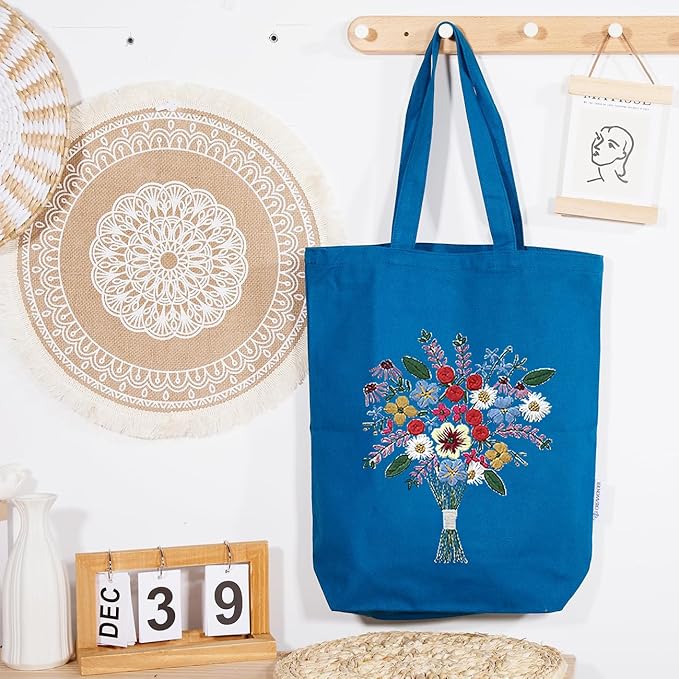 CREAWONDER Canvas Tote Bag Embroidery Kit with Pattern for Beginners, Arts and DIY Embroidery Crafts Kits for Adults, Include Instructions, Thimble, Embroidery Hoops, Color Threads and Tool