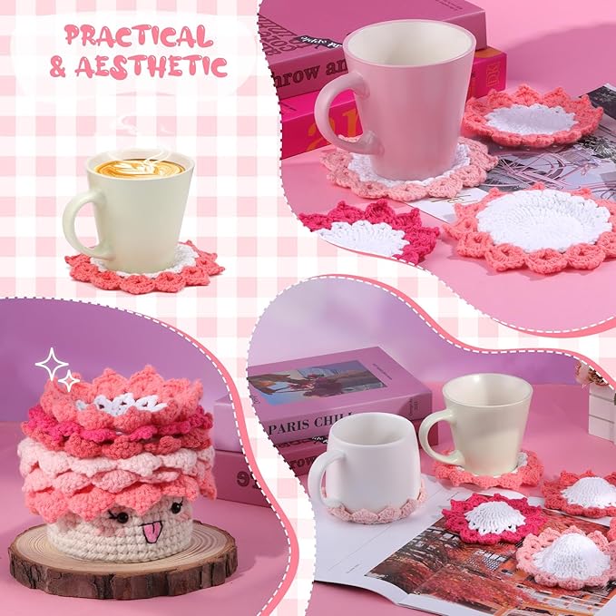 Hssugi Crochet Kit for Beginners, 6PCS Crochet Starter Kit, Potted Plant Coasters Crochet Kit with Step-by-Step Video Tutorials, Crochet Hooks, Learn to Crochet Kits for Adult Beginners