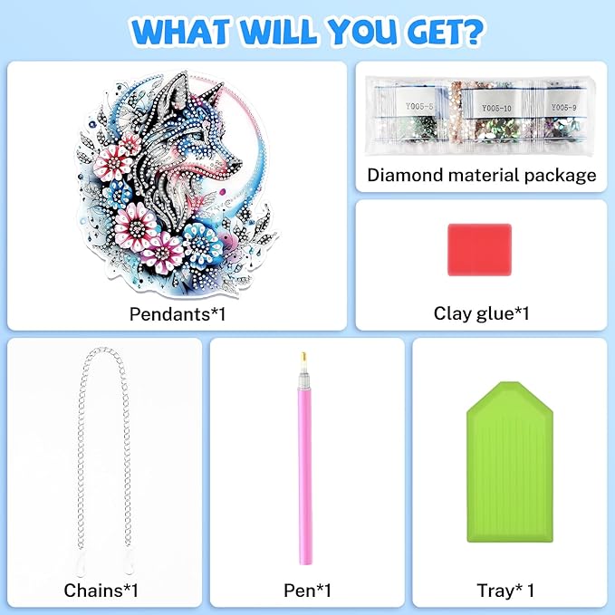Bowetile Wolf Diamond Art Hanging Kits for Adults, 5D Special Shape Diamond Painting Flowers Pendant Kits, Gem Art Suncatchers Painting Window Ornament for Home Garden Wall Decor