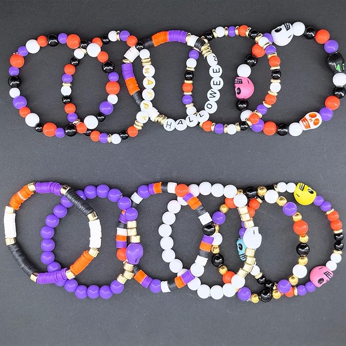 2480Pcs Halloween Beads for Jewelry Making, Halloween Bracelet Making Kit Skull Beads Polymer Clay Beads Heishi Beads 6mm 8mm Black White Orange Purple Round Beads for Bracelets Necklace Charm