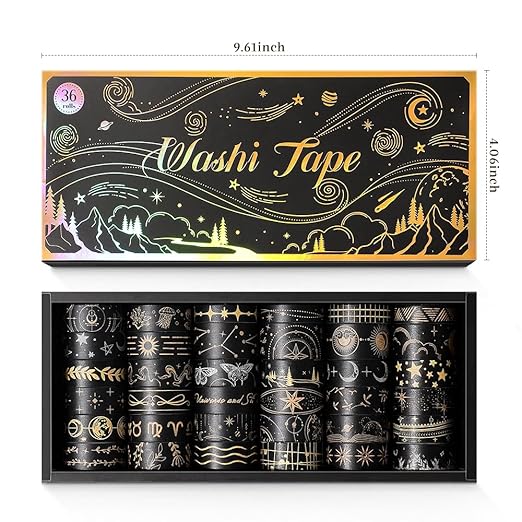 36 Rolls Starry Theme Washi Tape Set with Celestial Patterns - Writeable Decorative Tapes for Scrapbooking, Junk Journal Supplies, Bullet Journaling 0.6" x 79" per Roll