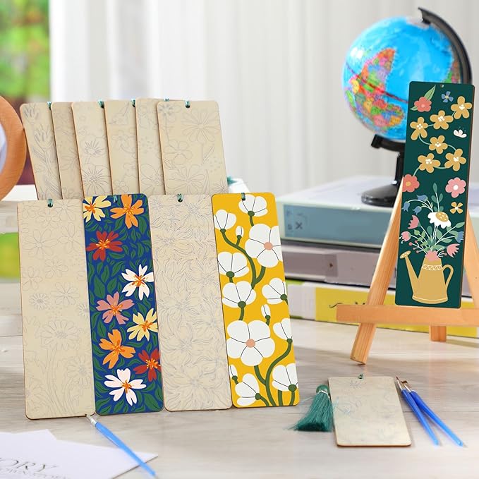 Kosiz 12 Pcs Butterfly Flowers Theme Paint by Numbers Kit for Adults Floral Wood Bookmark Painting Decor Mini Paint by Numbers Kit Tassels Blank Bookmarks Craft for Small DIY Book Lovers Gift 7x2 ''