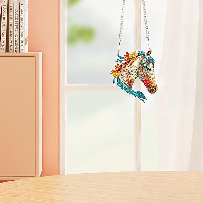 AiYuanzsh DIY Diamond Art Painting Hanging Sign Set Diamond Art Hanging Wall Art Horse's Head DIY 5D Crystal Rhinestone Pendant Kits for Wall Door Window Decorations