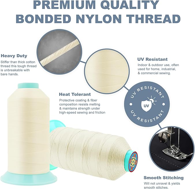 Mandala Crafts Size 207 630D T210 Bonded Nylon Thread - Ivory 800 YDs Tex 210 Heavy Duty Sewing Threads for Leather, Jeans, Weaving, Outdoor Marine Upholstery