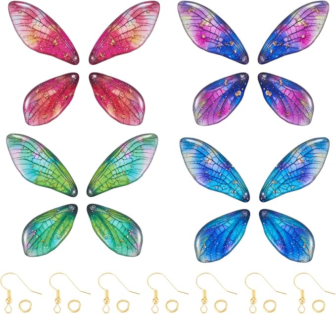 FASHEWELRY 16Pcs Resin Wing Charms Gradient Butterfly Wing Earring Charms Colorful Insect Wings Pendants with Jump Rings Earrings Hooks for DIY Earring Jewelry Making Kits