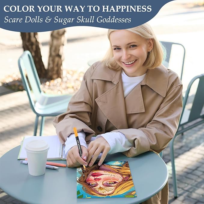 Adult Coloring Book for Women Relaxation, Spiral Bound Mindfulness Coloring Book with 24 Colors Markers for Adult, Anxiety Relief Gifts with 48 Pictures (Scare Doll & Sugar Skull)