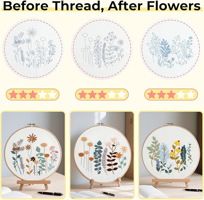 htvront embroidery kit for beginners- 3 pcs needlepoint kits for adults with step by step video, flower beginner embroidery kit for adults, pre-printed patterns for gift for women