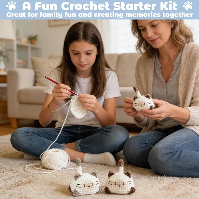 JueRum Cat Crochet Kit for Beginners,Learn to Crochet Beginner Crochet Kit for Adults, Amigurumi Crochet Animals Cat Crafts Knitting Kit with Step-by-Step Video Tutorials