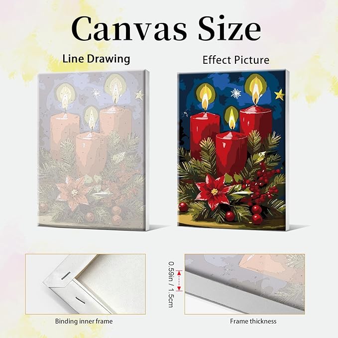 JOOZ Paint by Numbers Kit for Adults Framed Christmas Paint by Number with Easel Christmas Candles Adult Paint by Number Kits Framed Canvas DIY Oil Painting Kits for Home Wall Decor 8x12 Inch