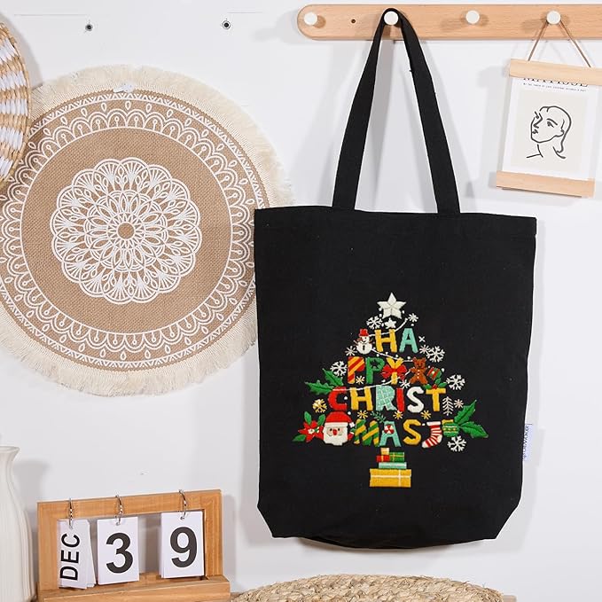 CREAWONDER Canvas Tote Bag Embroidery Kit with Pattern for Beginners, Arts and DIY Embroidery Crafts Kits for Adults, Include Instructions, Thimble, Embroidery Hoops, Color Threads and Tool