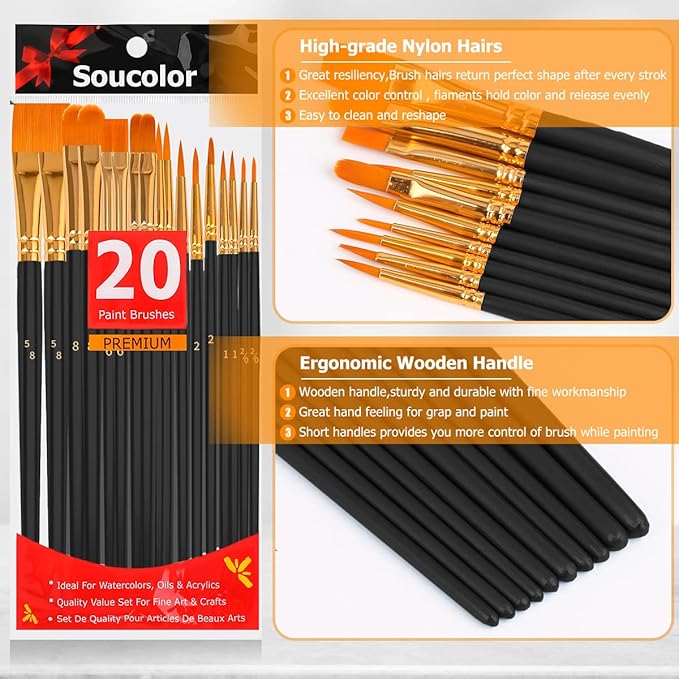 Soucolor Acrylic Paint Brushes Set, 20Pcs Round Pointed Tip Artist Paintbrushes for Acrylic Painting Oil Watercolor Canvas Boards Rock Body Face Nail Art, Halloween Pumpkin Ceramic Crafts Supplies