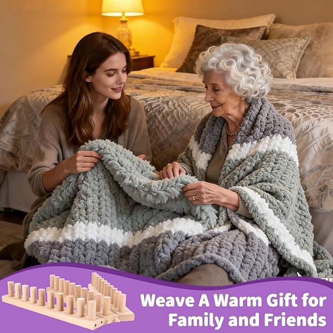 46" Beechwood Chunky Blanket Loom Kit, Adjustable Hand Knitting Loom for DIY Chunky Yarn Blankets, Large Wooden Loom Knitting Board, No Needles Required Blanket Maker, Beginner Friendly Craft Gift