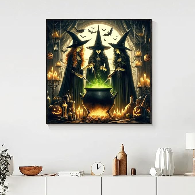 Yezavesu Halloween Diamond Art Kits for Adults, Halloween Witch Diamond Painting Kit for Beginners, 5D DIY Round Full Drill Painting with Gem Art Craft Kits for Home Wall Decor 14x14 Inch