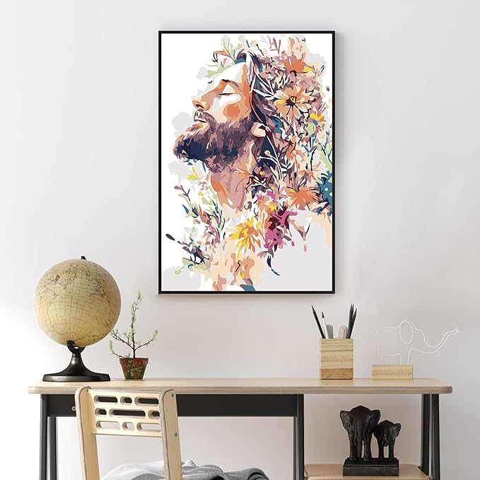 Yezavesu Framed Paint by Numbers Kit for Adults Beginner & Kids Ages 8-12, Jesus Paint by Numbers with Frame, DIY Number Painting for Adults Colorful Flowers for Home Wall Decor Gift 8X 12 inch