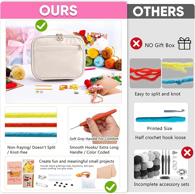 MYBAGZING Crochet Kit for Beginners, Complete Starter Set with Yarn, Ergonomic Crochet Hooks, Needles, Crochet Accessories and Suppliers for Crochet Beginner Projects, Knitting Kit for Adult