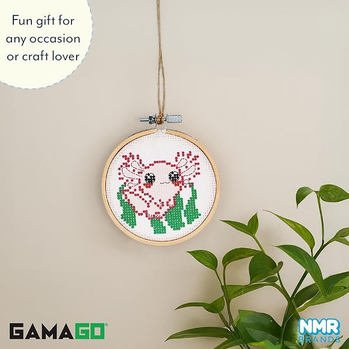 GAMAGO Axolotl Cross Stitch Embroidery Kit – DIY Needlework Craft Set with Hoop, Fabric, Floss & Instructions, Cute Beginner Embroidery Kit for Kids, Teens, & Adults