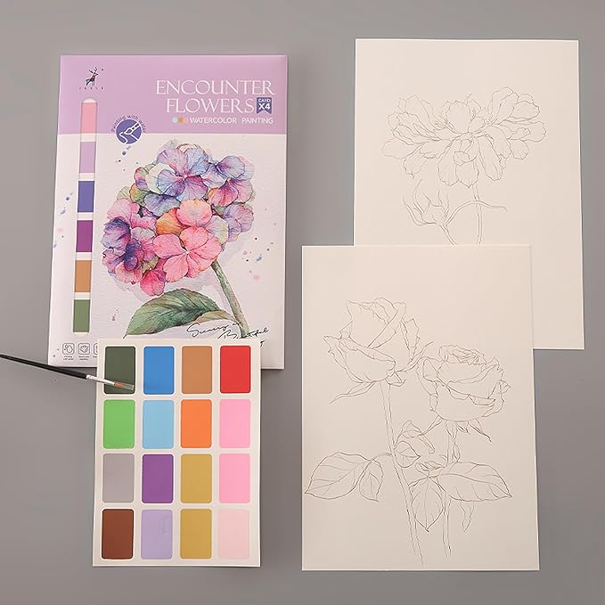 11.5" x 8.5" Watercolor Workbook for Adults, Easy Nature Scenes Paint Coloring Book Paint, Water Coloring Book with 4 Floral Drawings 2 Pigment Card and 1 Brush (Flower Cluster)