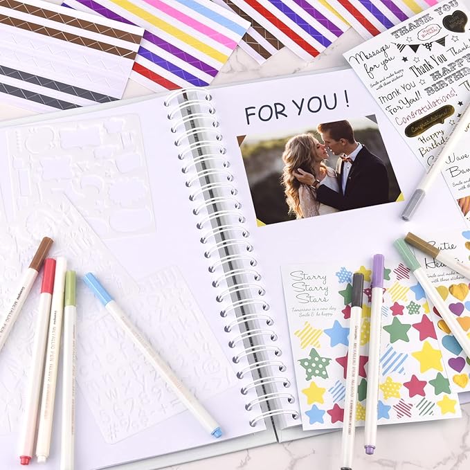 GOTIDEAL 12 x 12 Inch Scrapbook Album with 10 Metallic Markers,80 Pages Craft Paper Photo Album for Wedding and Anniversary, Family DIY Photo Album with Scrapbooking Stickers Corners(White)