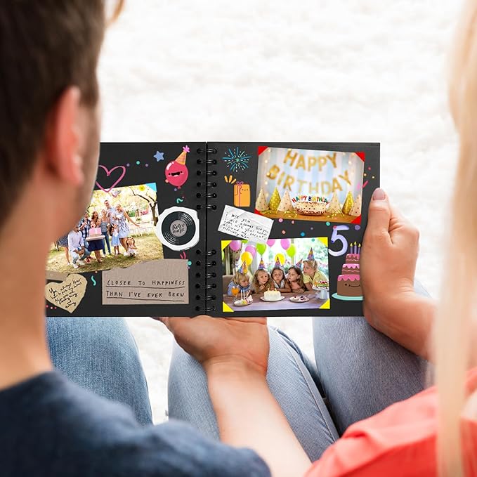 8 x 8 Inch Small Black Scrapbook Album, 40 Pages Photo Album with Black Pages, Kraft Paper Hardcover Memory Book with DIY Accessories Kit for Mother's Day Wedding Travel