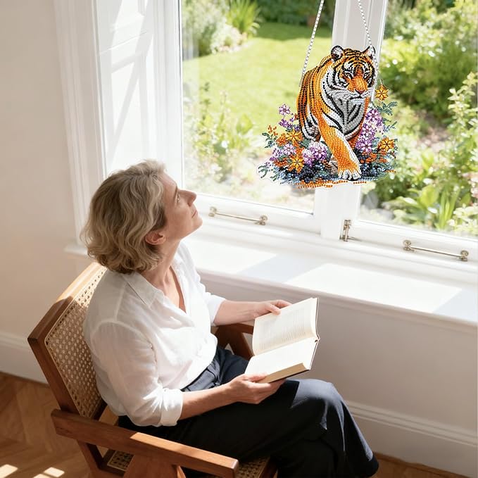 Lxmsja DIY Tiger Diamond Painting Hanging Ornament, Double-Sided Acrylic Lush Greenery Diamond Art Kit, Special Shaped Suncatcher Hanging Pendant Window Art Kit 8x8 inch