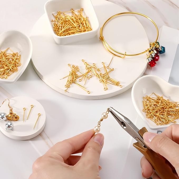 Junkin 1400 Pcs Eye Pins Mix Jewelry Findings 0.63 * 0.79 * 1.18 in Open Eye Head Pins Findings for Jewelry Making DIY Necklace Bracelets(Retro Gold)