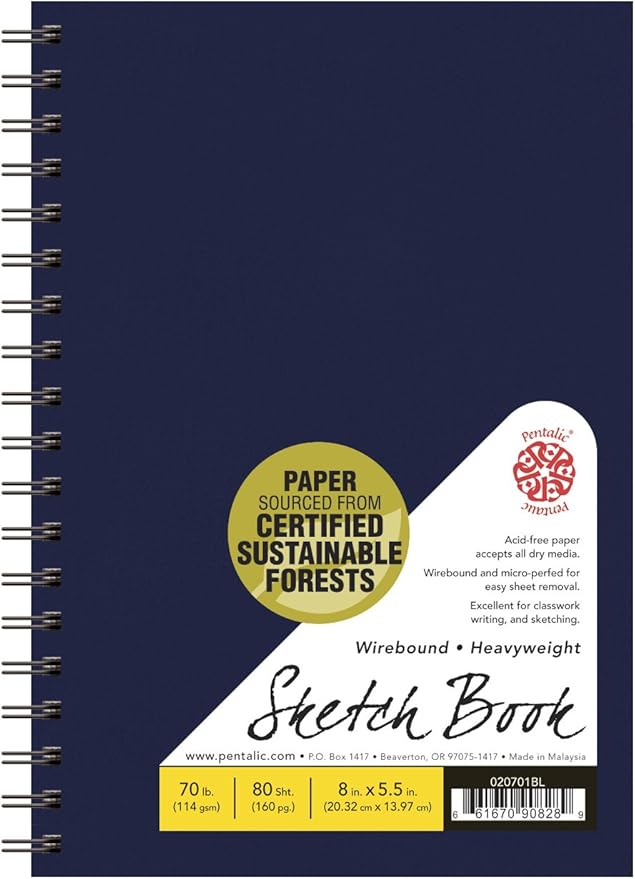 Pentalic - 5.5"x 8" Double Wirebound Hardcover Sketchbook, 80 Sheets, Blue