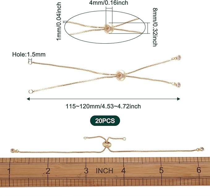 FASHEWELRY 20 Strands Adjustable Brass Bracelet Slider Extender Chains with Rhinestone Ends 4.72-4.96 Inch Real 18K Gold Plated for DIY Jewelry Making