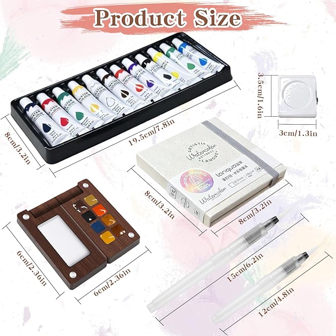 Mini Watercolor Paint Set - Travel Watercolor Set, Pocket Artist Water Color Travel Set with 12 Colours, Sketchbook, Watercolor Pens, Wooden Palette Box for Painters Artists Students