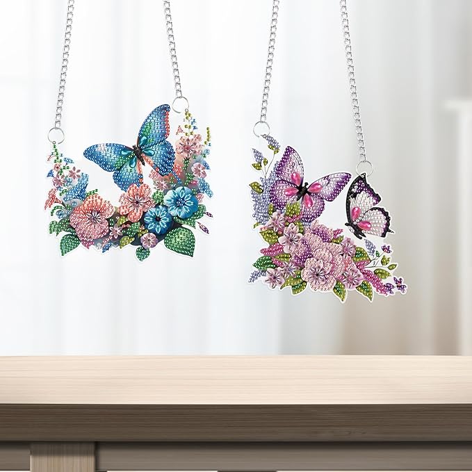 2 Pcs 5D DIY Diamond Painting Butterfly Hanging Ornaments, Acrylic Floral Diamond Art Suncatchers, Special Shape Diamond Art Hanging Kits for Window or Wall Decor