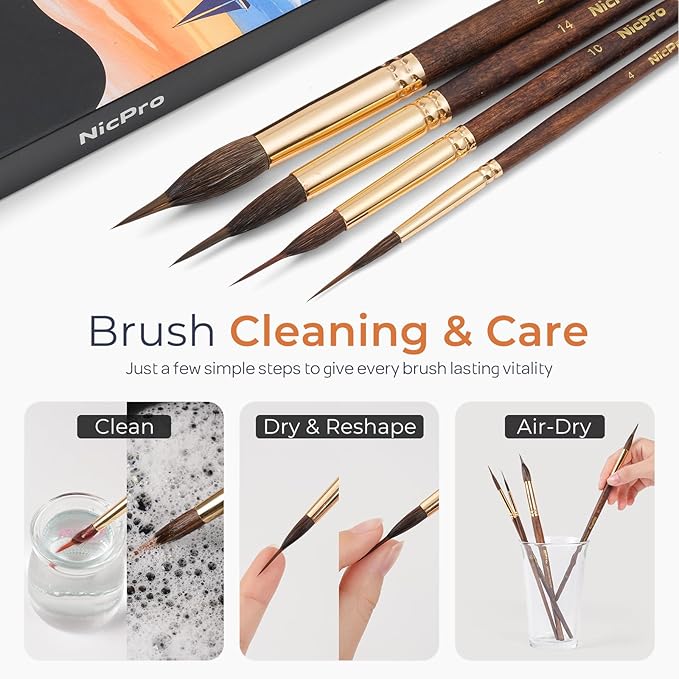 Nicpro 4 PCS Watercolor Brushes Professional, Extended Needle Point Brush Set, Sable Watercolor Brushes with Synthetic Extra Long Tip for Fine Detailing - Watercolor Acrylic Gouache Inks Painting