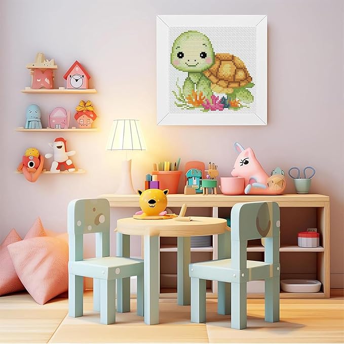 VIGEGU Turtle Cross Stitch Kits for Beginners,Stamped Cross Stitch for Adults with Framed,Crafts for Girls 8-12 Embroidery Kit Partial 11CT Cross-Stitch Arts and Crafts for Adults 6.7x6.7inch