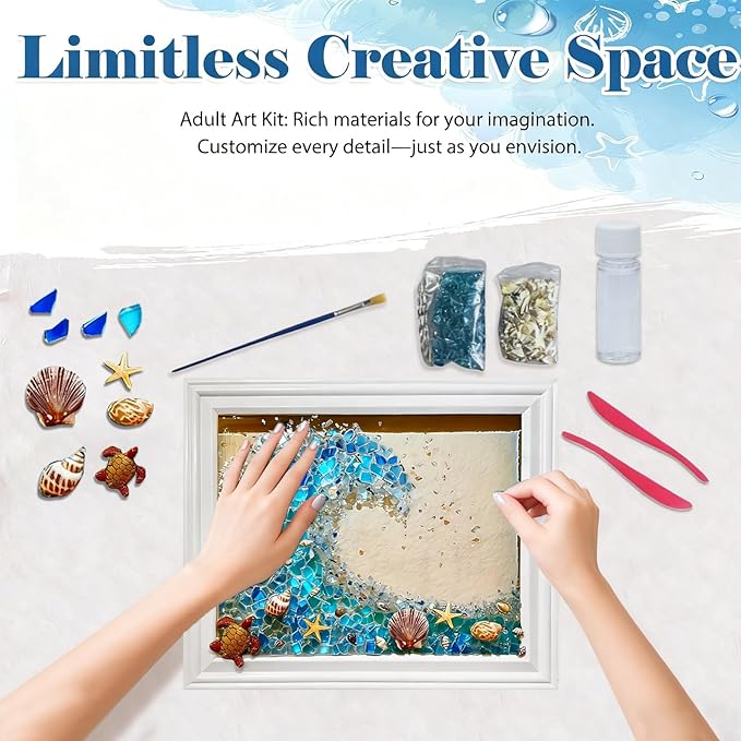 CIYOJA Sea Stained Glass Craft Kit: Wave Mosaic Kit for Adults, DIY Resin Art Kit with Crushed Seaglass for Beach Home Décor, Framed Ocean Glass Artwork Craft Kit for Women, Beginners Art Projects