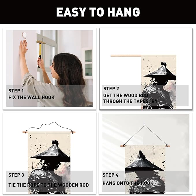 PLIGREAT 2 Pack Ink Style Tapestry Japanese Samurai Vertical Wall Hanging with Tassels Black Aesthetic Wall Tapestry for Bedroom Living Room Dormitory Backdrop Home Art Decor, 52"x13"