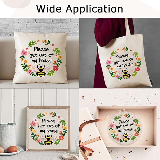 Nuberlic Funny Bee Embroidery Kits for Beginners, Please Get Out of My House Embroidery Kit for Adults- Easy Cross Stitch Starter Kit with Printed Fabric, Hoop, Needles Instruction and Threads