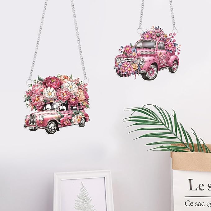 2 Pack Diamond Painting Car Charms – Pink Floral DIY Hanging Ornaments with Rhinestones for Women, Car Mirror or Room Decor