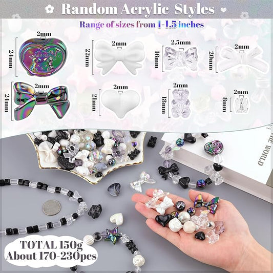 200-260pcs tinkrstuff assorted black acrylic beads for bracelet making, cute beads for jewelry making flower bow butterfly candy gummybear aesthetic bracelet charms,diy necklace keychain phone charm