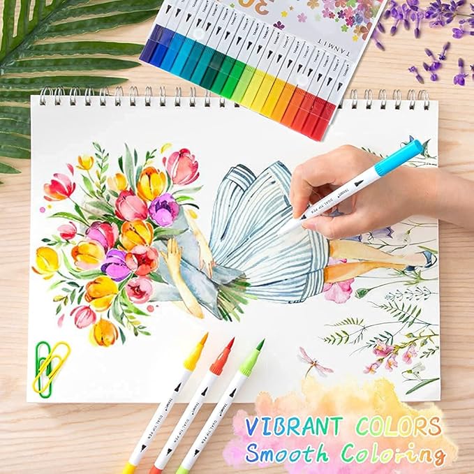 Dual Brush Marker Pens for Coloring Books, Tanmit Fine Tip Coloring Marker & Brush Pen Set for Journaling Note Taking Writing Planning Art Project