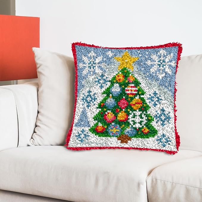 LAPATAIN Latch Hook Kits for Adults,Christmas Tree Pattern Color Printed Canvas DIY Throw Pillow Cover,Beginners Handmade Needlework Crafts Home Decoration 17x17inch
