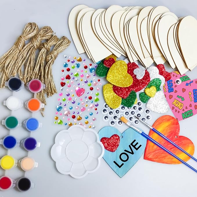 KITRDOOR Wooden Hearts for Crafts, 36pcs Valentine's Day Heart Ornaments Hanging Decorations, Unfinished Wood Heart Painting Craft Kit, DIY Valentines Crafts for Adults Classroom Gift (Pink)