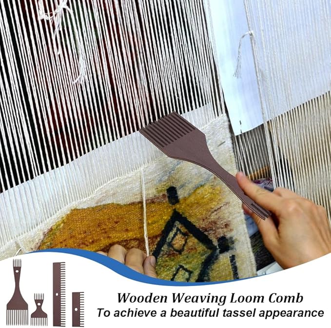 AHANDMAKER 8-Piece Wooden Weaving Loom Comb Kit for Blanket Making, Natural Wood Tapestry Beater Comb for Knitting Handcraft Tapestry Rug Christmas Home Decoration, Coconut Brown