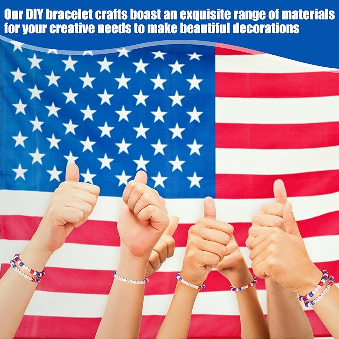 Highergo 1200 Pcs 250th Anniversary Patriotic Bracelets for Women, 4th of July Bead Bracelet Set DIY Craft Kit Red Blue White Stretch Independence Day Jewelry Accessories Outfits Festive Party