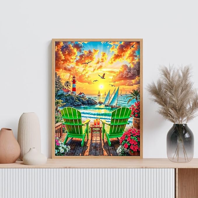 GEEHEIY Sunset Diamond Art Kits for Adults, 5D Beach Diamond Painting Kits for Beginner, DIY Full Drill Round Gem Art for Home Wall Decor 12 x16 Inch