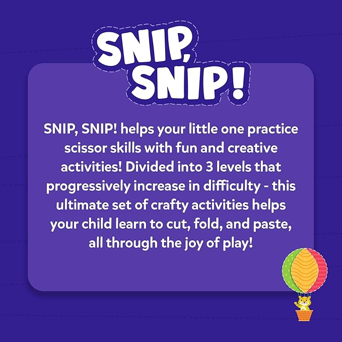 skillmatics scissor skills activity book - snip snip, 25 fun cutting & creative activities, 2 child-safe scissors, felt craft kit, classroom valentine’s day gift for kids ages 3, 4, 5, 6, 7