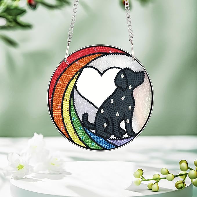 DIY Diamond Painting Sun Catcher Hanging Sign Dog, Pet Memorial Diamond Art Window Ornament Kit for Adults, Colorful Gem Art Craft Kit for Home Wall or Door Decoration