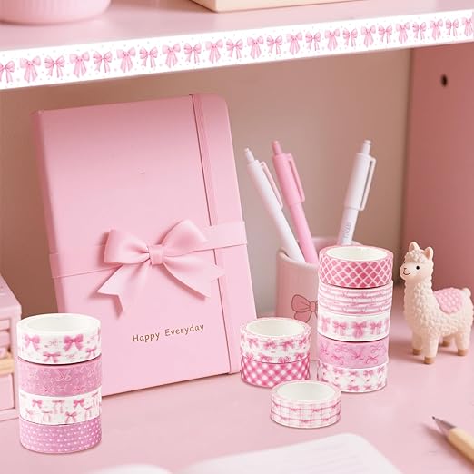 12 Rolls Pink Bow Washi Tape, Bowknot Plaid Adhesive Masking Tapes Decorative Pink Coquette Paper Tape for Scrapbook Journal Planners DIY Art Crafts Gift Wrapping 16.4FT