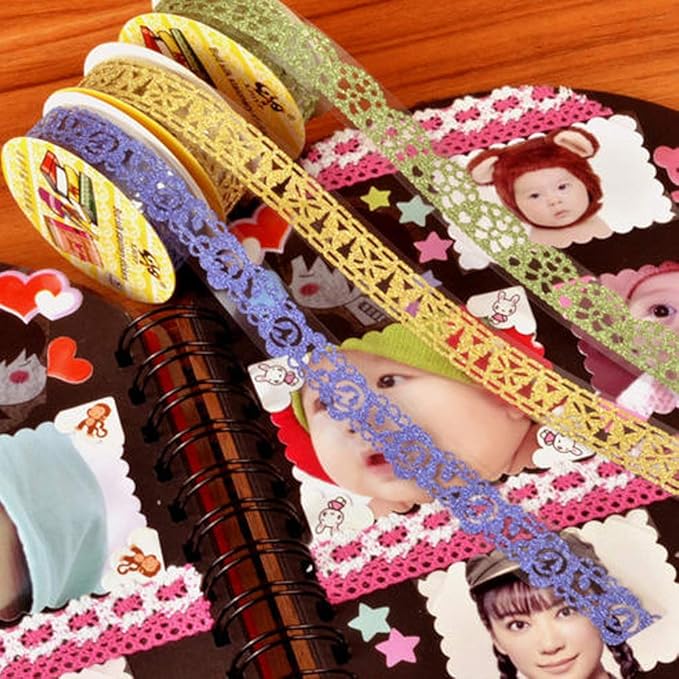 Lace Pattern Self-Adhesive Tape, Qtopun 12 Rolls Glitter Bling Sticker Colorful Sticky Paper Tape for DIY, Decorative Craft, Gift Wrapping, Scrapbook