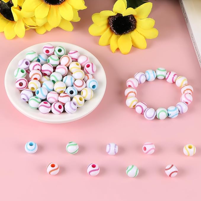 100pcs Baseball Beads with 5.5 Yard Elastic Rope,Acrylic Softball Bead Sports Beads DIY Spacer for Necklace Bracelet Keychains Handmade Jewelry Making Accessories,12mm(Rainbow Baseball)