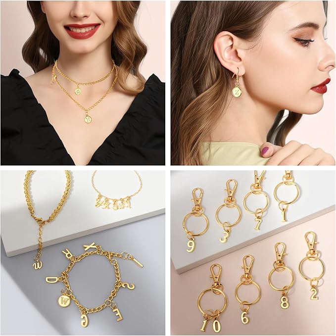 LEOBRO Letter Charms, 376 Pcs Gold Charms for Jewelry Making, Bracelet Necklace Charm & Jump Rings, Jewelry Making Supplies, Gold