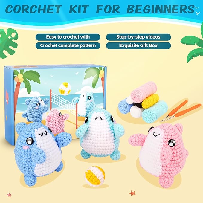 crochet kit for beginners -3 pcs sharks with a ball crochet kit with step-by-step video tutorials, beginner crochet kits for adults, crochet animal kit, shark beach party crocheting set