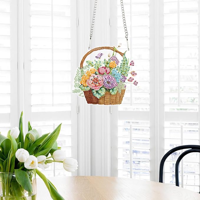 Flowers Basket Diamond Art Hanging, 5D DIY Diamond Painting Ornament, Creative Handmade Acrylic Pendant, Mosaic Making Kit by Number, Home Decoration, Valentine’s Day Gift